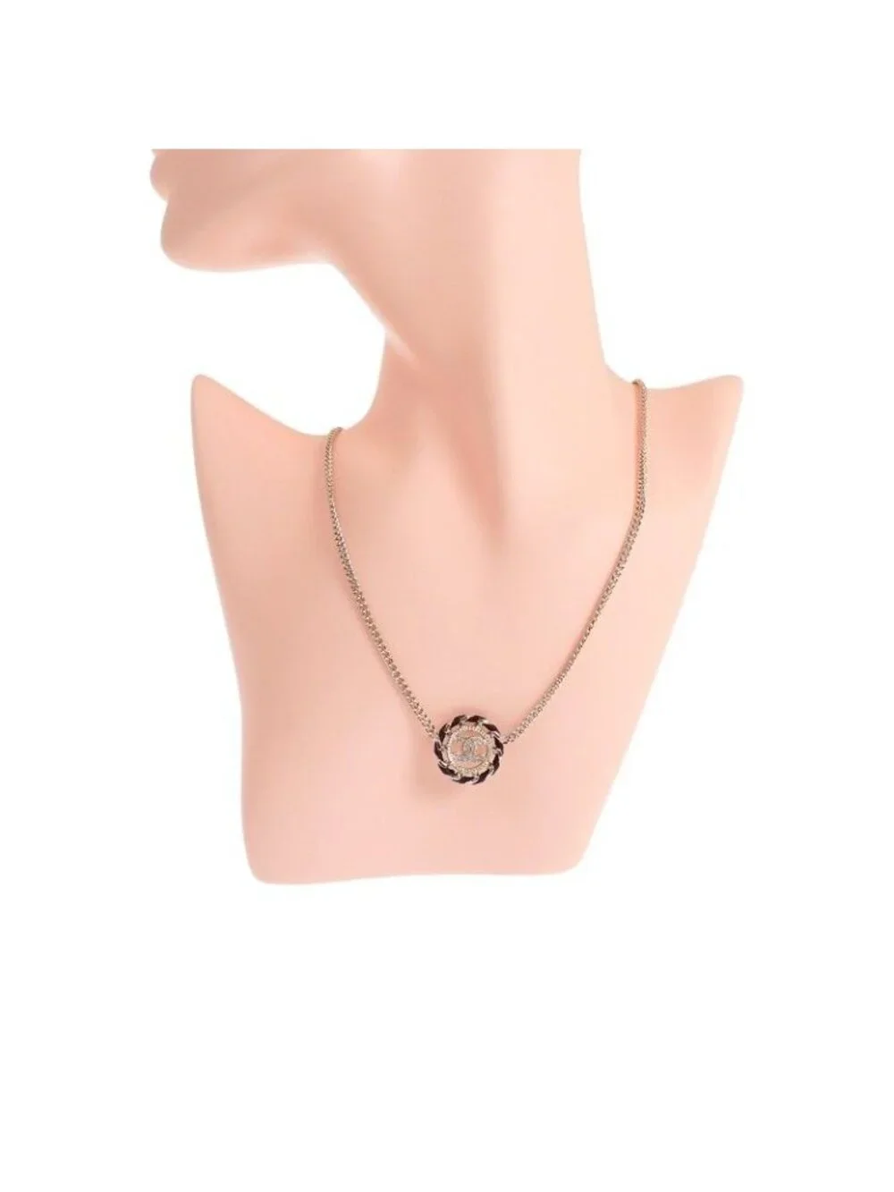 Chanel CC Logo Choker Pendant Metal Leather Strass with Champagne Gold